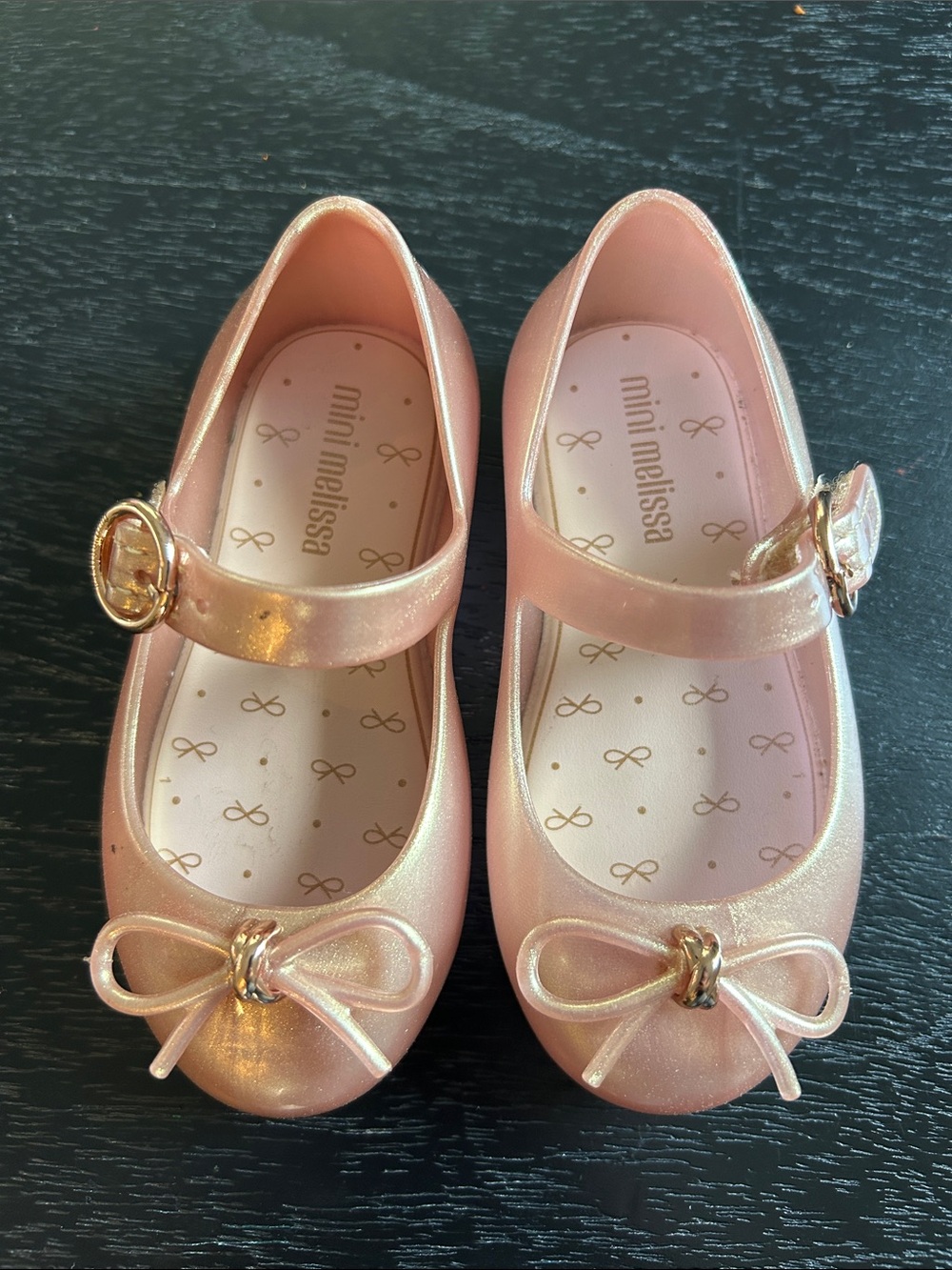Mini Melissa Rose Gold Shimmer Mary Jane Flats with Gold Accents